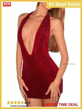 Sexy Mini Dress Sparkly Sequin Open Back Halter Club Outfit